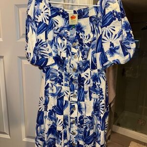 FARM Rio Blue and White Botanical Dress